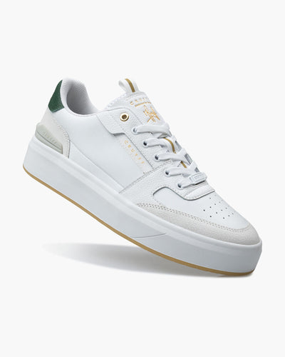 Premium White Leather Tennis Sneakers with Gold Accents and Cushioned Insole