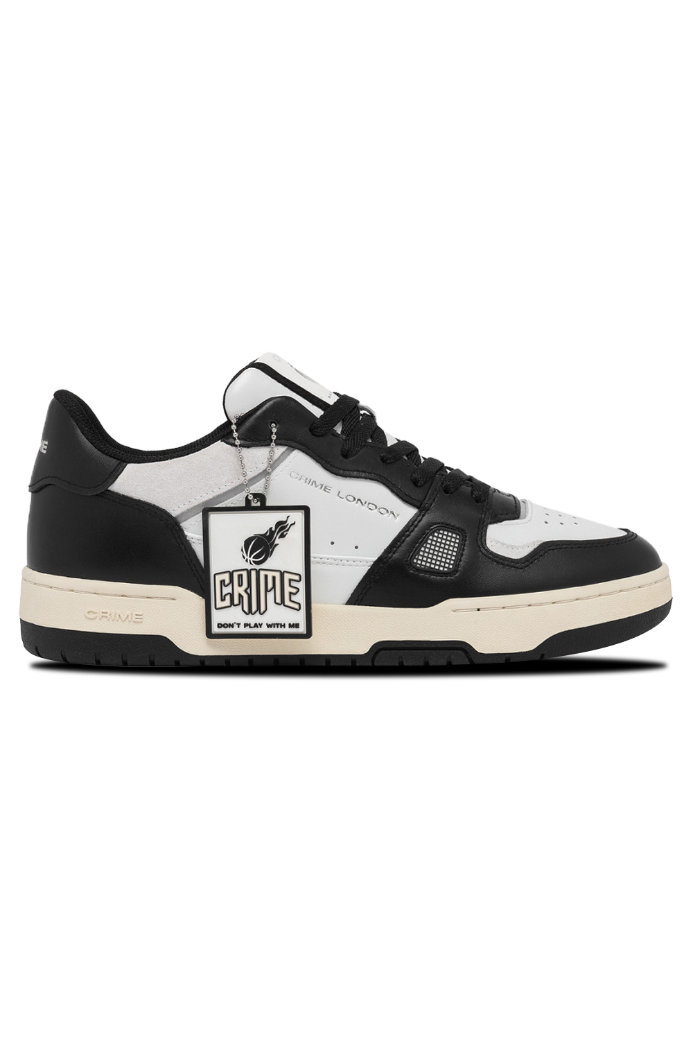 Crime London Off Court OG Sneaker: White Leather, Black Accents, Italian Craftsmanship