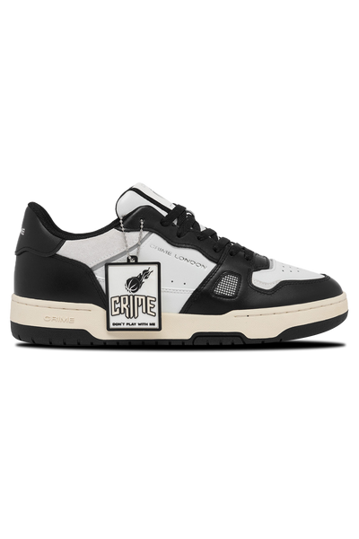 Crime London Off Court OG Sneaker: White Leather, Black Accents, Italian Craftsmanship