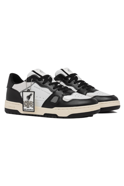 Crime London Off Court OG Sneaker: White Leather, Black Accents, Italian Craftsmanship