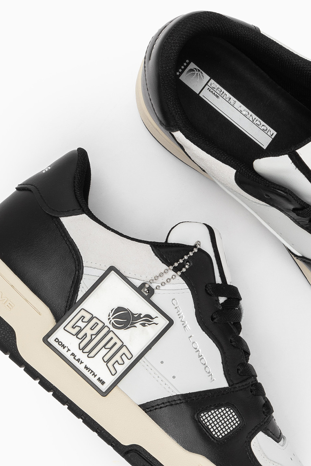 Crime London Off Court OG Sneaker: White Leather, Black Accents, Italian Craftsmanship