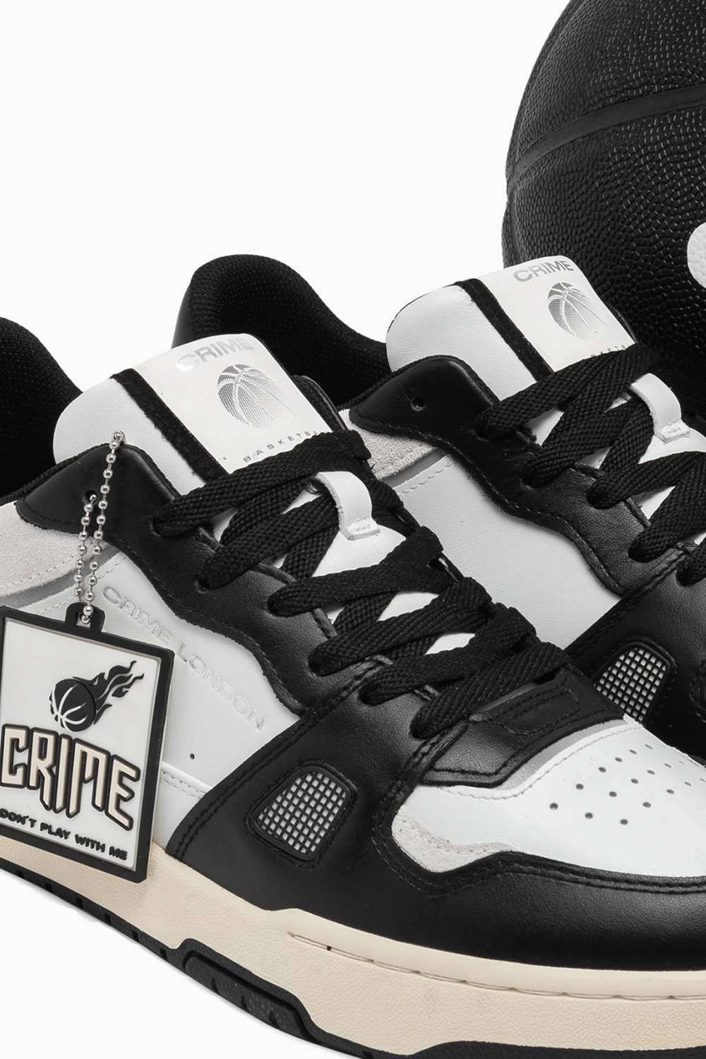 Crime London Off Court OG Sneaker: White Leather, Black Accents, Italian Craftsmanship