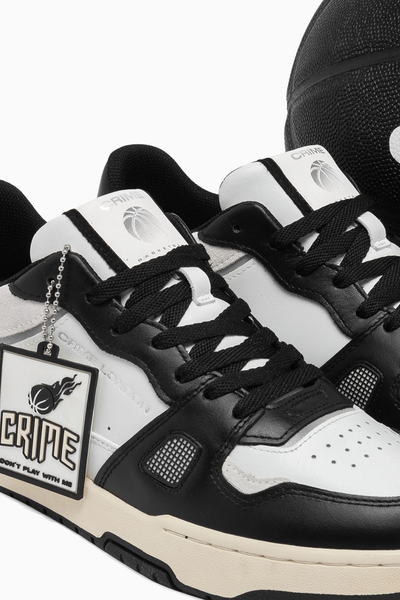 Crime London Off Court OG Sneaker: White Leather, Black Accents, Italian Craftsmanship