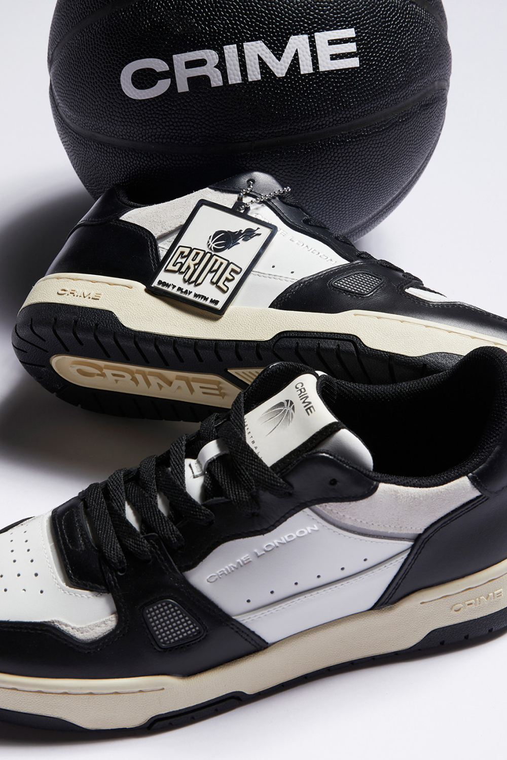 Crime London Off Court OG Sneaker: White Leather, Black Accents, Italian Craftsmanship