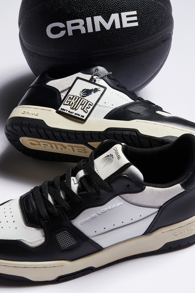 Crime London Off Court OG Sneaker: White Leather, Black Accents, Italian Craftsmanship
