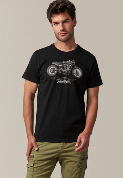 Deeluxe Men's Black Fuel T-Shirt: Retro Motorcycle Graphic, 100% Cotton Jersey Comfort