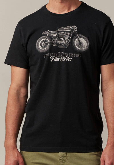 Deeluxe Men's Black Fuel T-Shirt: Retro Motorcycle Graphic, 100% Cotton Jersey Comfort