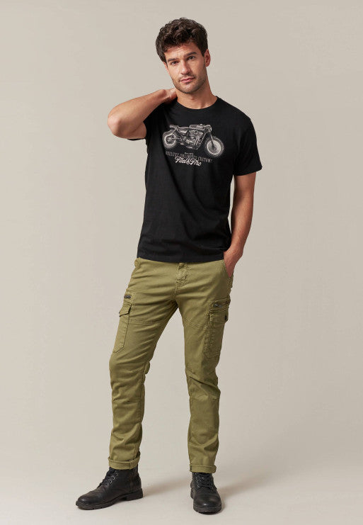 Deeluxe Men's Black Fuel T-Shirt: Retro Motorcycle Graphic, 100% Cotton Jersey Comfort