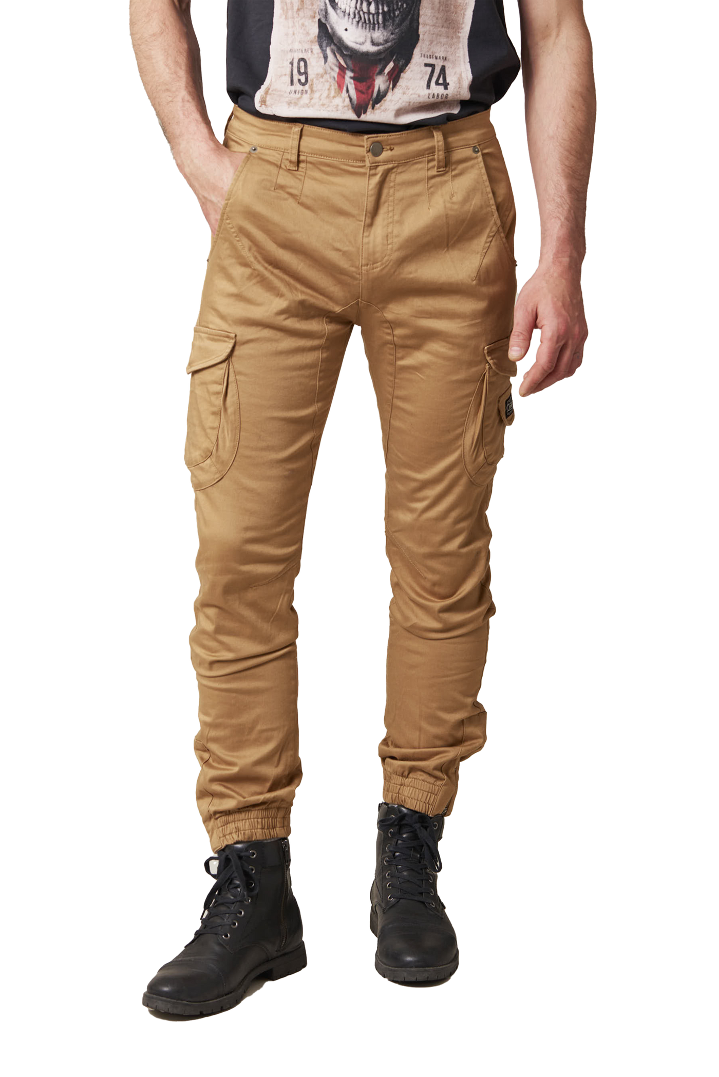 Deeluxe Men's Slim Fit Camel Satin Twill Cargo Pants with Pockets