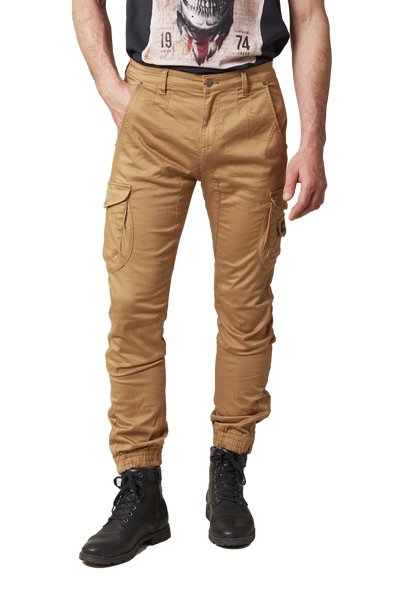 Deeluxe Men's Slim Fit Camel Satin Twill Cargo Pants with Pockets