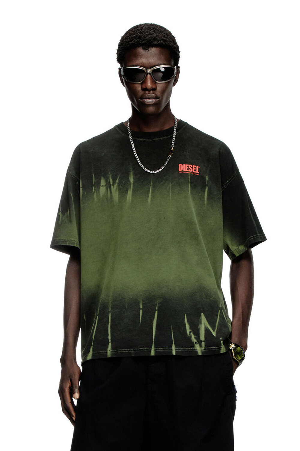 Diesel Men's Organic Cotton Tie-Dyed Relaxed Fit Green T-Shirt with Logo