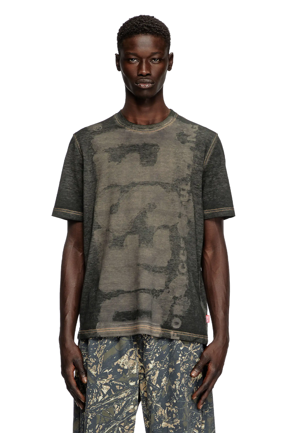 Diesel T-Adjust R18 Superlogo Grey Distressed Pique Cotton Blend T-Shirt