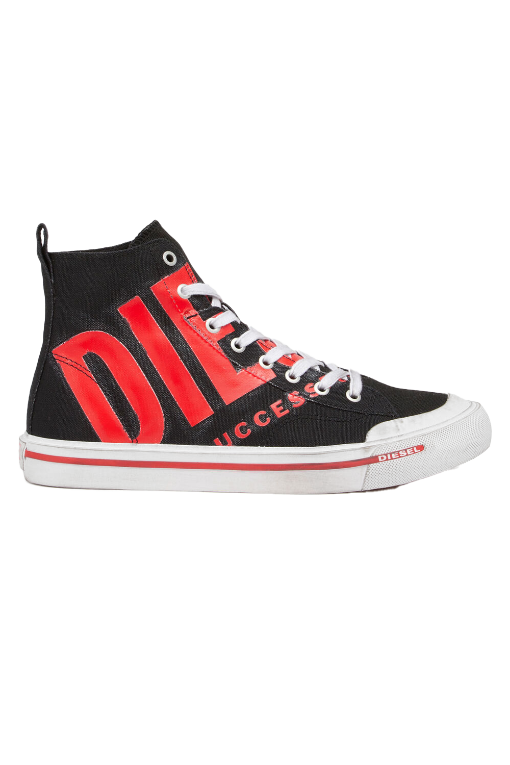 Diesel S-Athos Mid X Sneaker: Black/Red Canvas, Vulcanized Sole, Lace-Up Closure