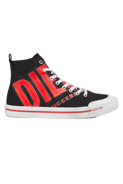Diesel S-Athos Mid X Sneaker: Black/Red Canvas, Vulcanized Sole, Lace-Up Closure