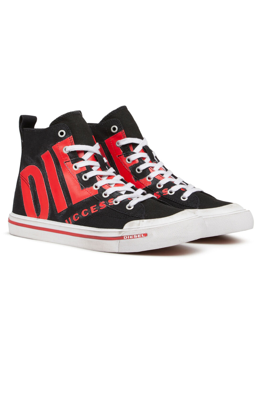 Diesel S-Athos Mid X Sneaker: Black/Red Canvas, Vulcanized Sole, Lace-Up Closure