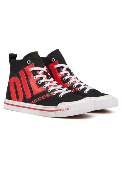 Diesel S-Athos Mid X Sneaker: Black/Red Canvas, Vulcanized Sole, Lace-Up Closure