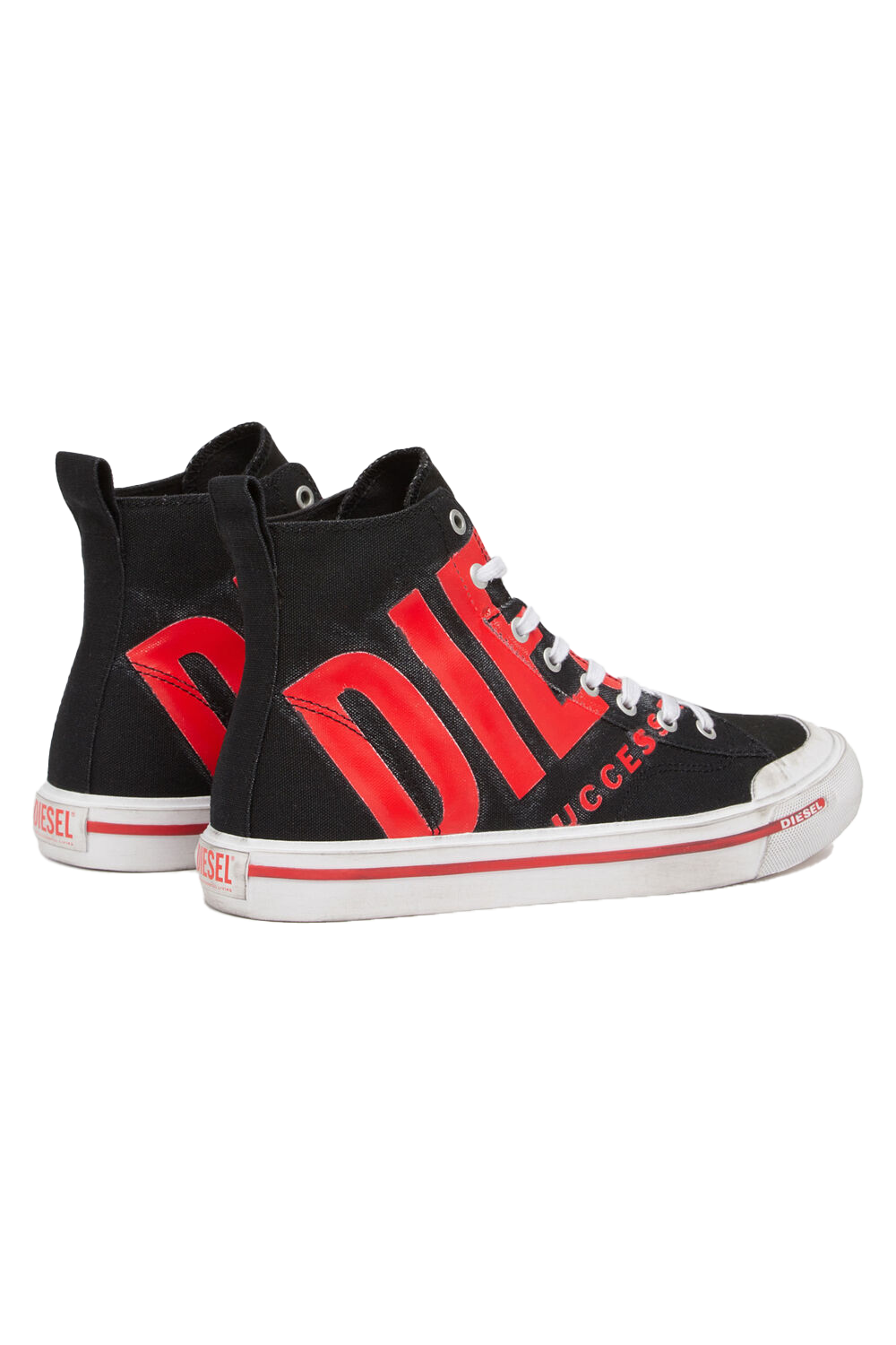 Diesel S-Athos Mid X Sneaker: Black/Red Canvas, Vulcanized Sole, Lace-Up Closure
