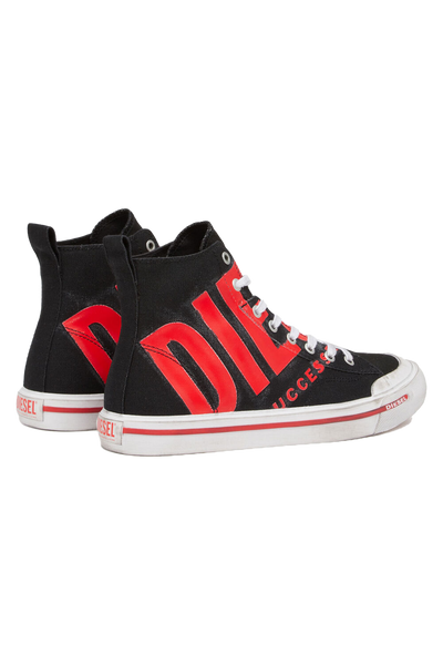 Diesel S-Athos Mid X Sneaker: Black/Red Canvas, Vulcanized Sole, Lace-Up Closure