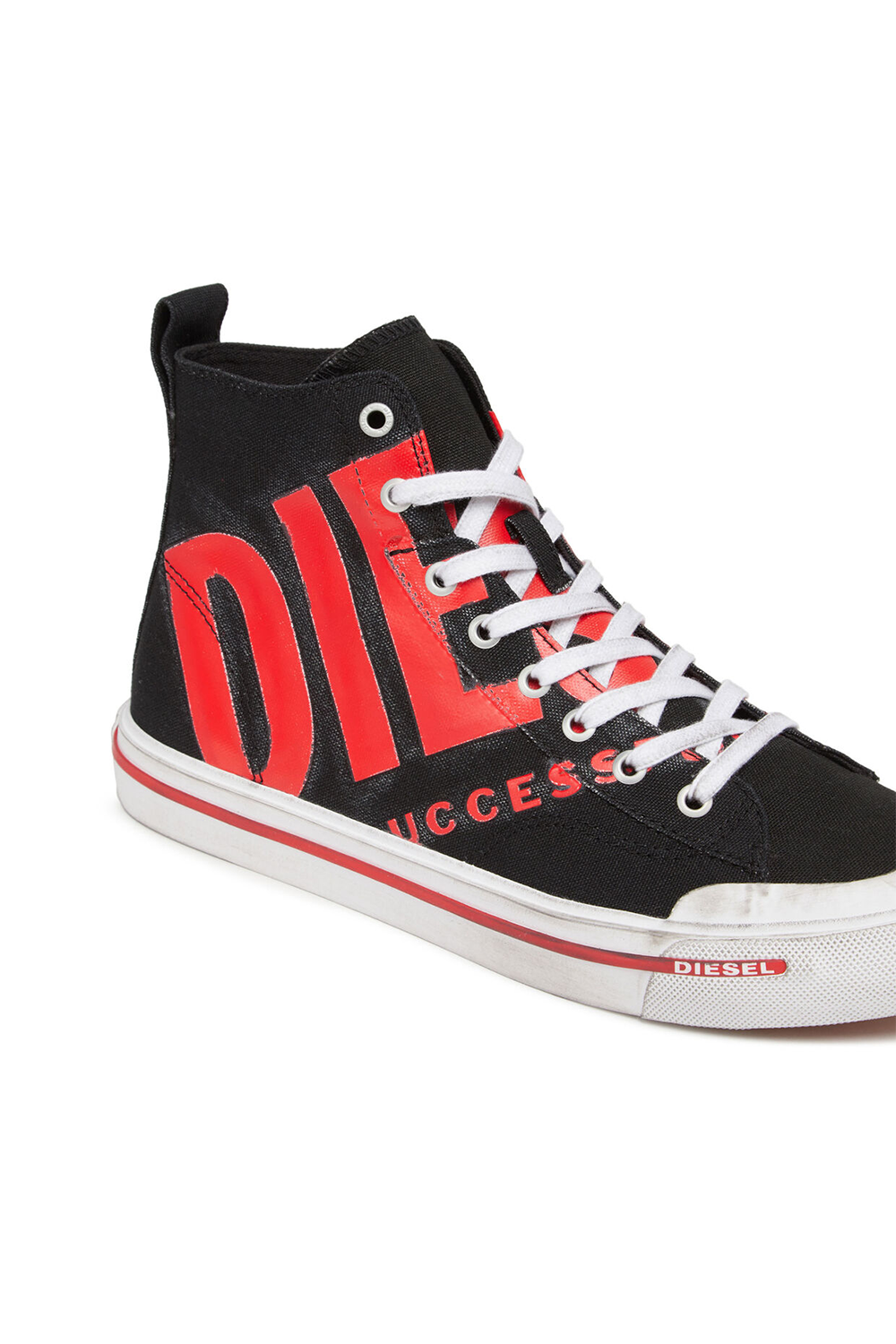 Diesel S-Athos Mid X Sneaker: Black/Red Canvas, Vulcanized Sole, Lace-Up Closure