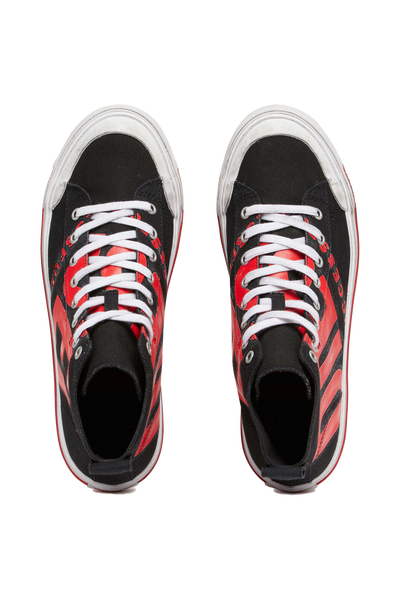 Diesel S-Athos Mid X Sneaker: Black/Red Canvas, Vulcanized Sole, Lace-Up Closure