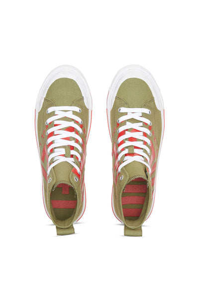 Diesel S-Athos Mid X Sneaker: Green and Red Vulcanized Canvas Mid-Top