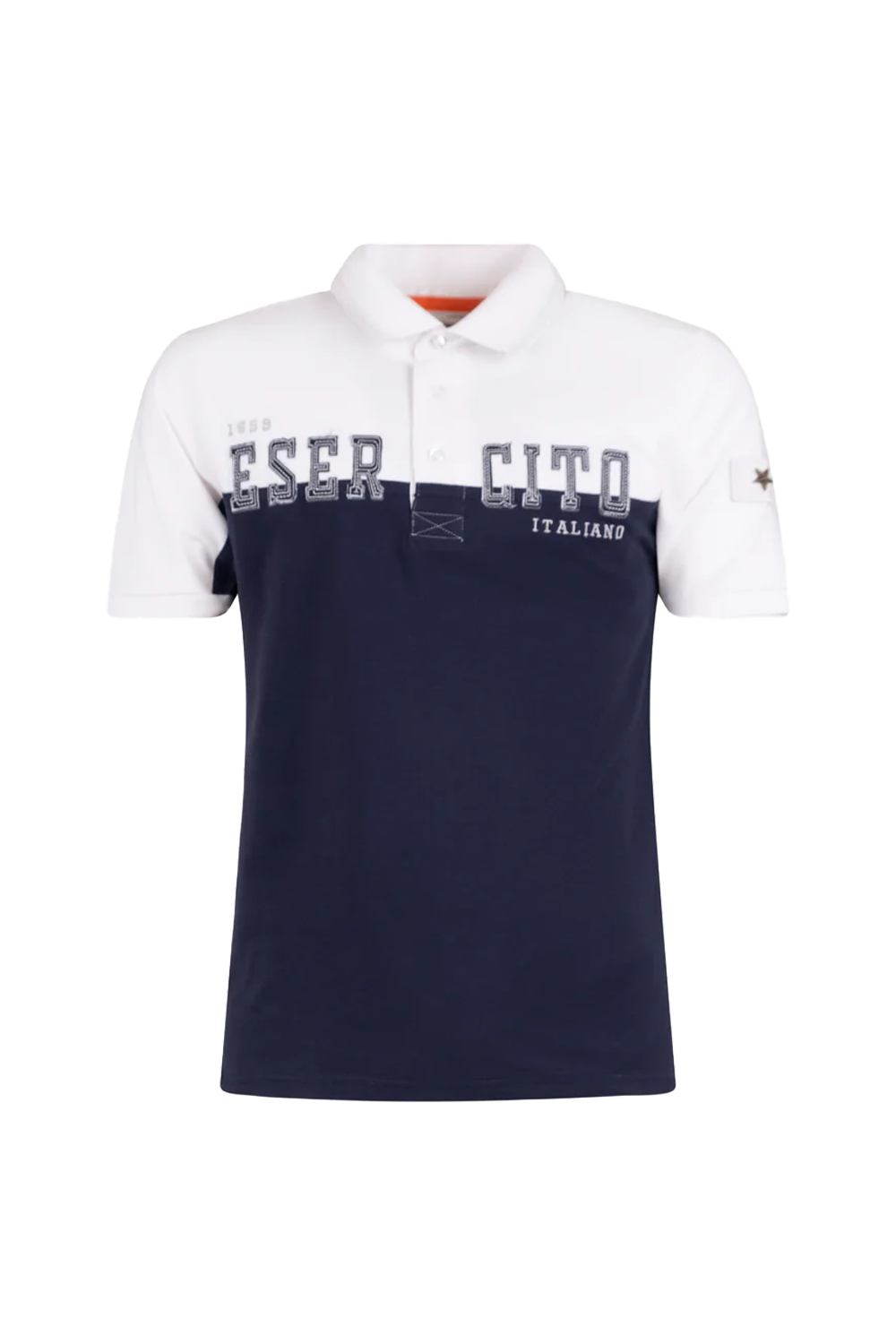 Esercito Davis Golf Polo: White & Navy Embroidered Performance Golfer