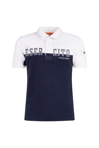Esercito Davis Golf Polo: White & Navy Embroidered Performance Golfer
