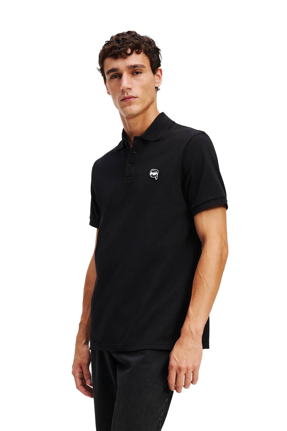 Karl Lagerfeld Ikon Embroidered Patch Golfer: Black Polo Shirt for Men