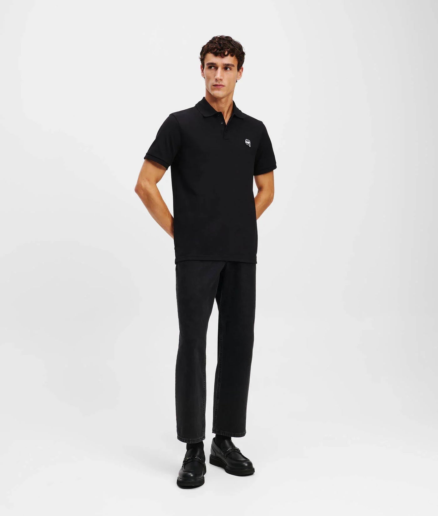 Karl Lagerfeld Ikon Embroidered Patch Golfer: Black Polo Shirt for Men