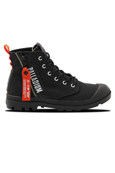 Palladium Pampa Hi Outzip Overlab Boot: Bold Black Canvas, Durable Rubber Sole