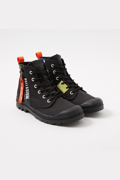 Palladium Pampa Hi Outzip Overlab Boot: Bold Black Canvas, Durable Rubber Sole