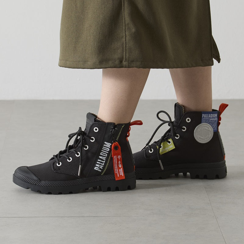 Palladium Pampa Hi Outzip Overlab Boot: Bold Black Canvas, Durable Rubber Sole