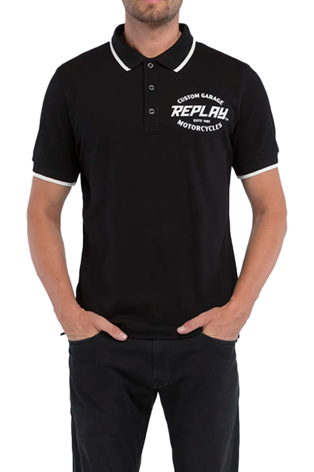Replay Men's Black Custom Garage Golfer Polo Shirt for Motorcycle Enthusiasts