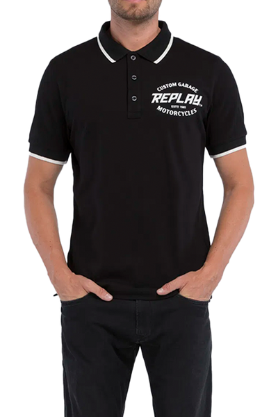 Replay Men's Black Custom Garage Golfer Polo Shirt for Motorcycle Enthusiasts
