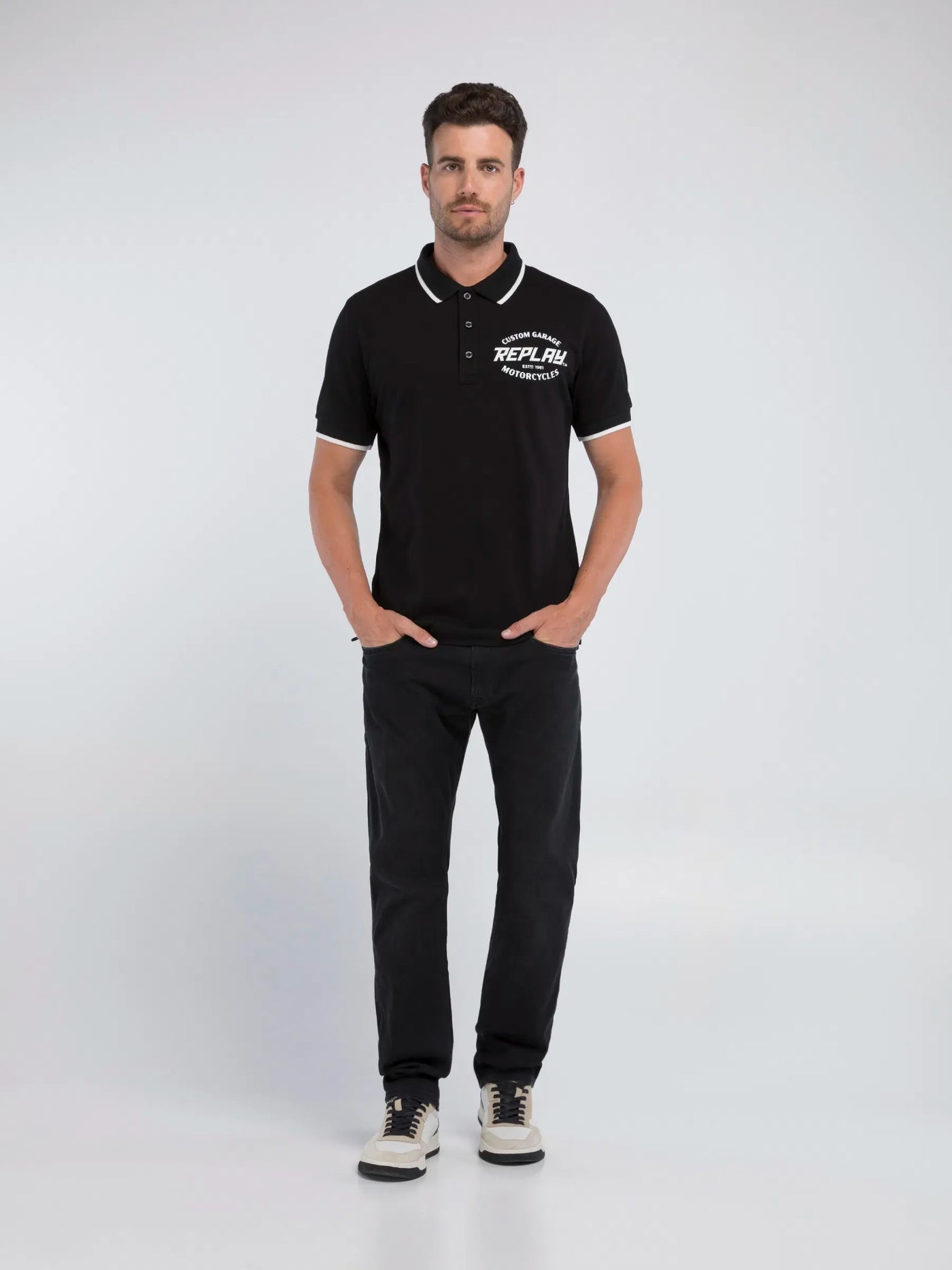 Replay Men's Black Custom Garage Golfer Polo Shirt for Motorcycle Enthusiasts