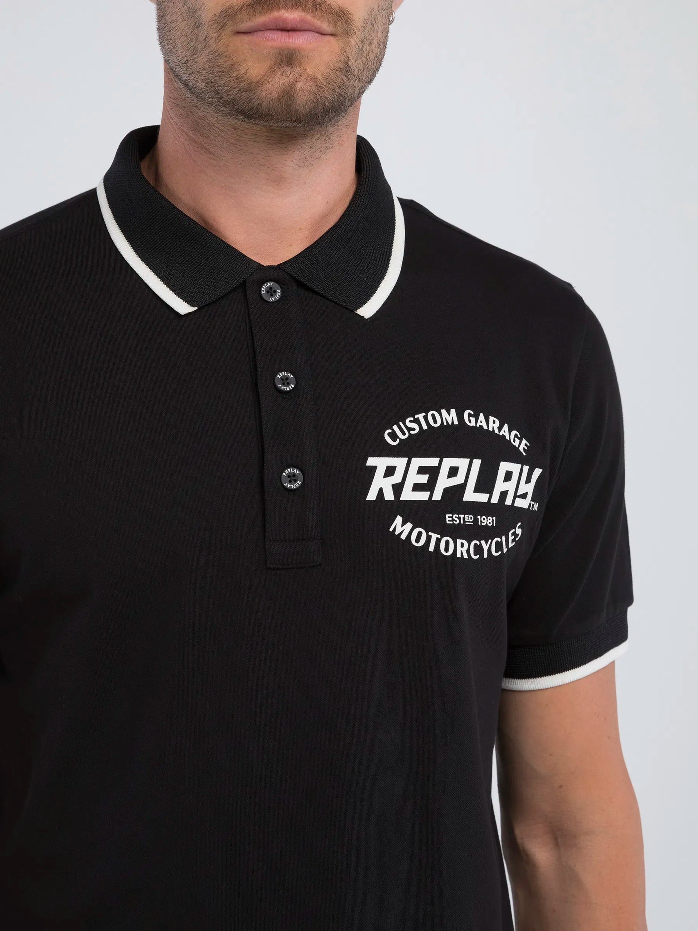 Replay Men's Black Custom Garage Golfer Polo Shirt for Motorcycle Enthusiasts