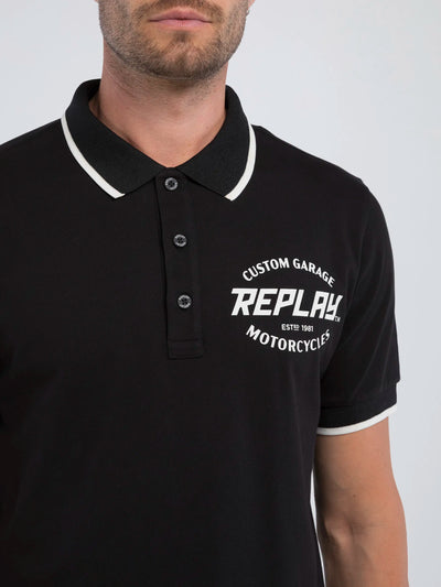 Replay Men's Black Custom Garage Golfer Polo Shirt for Motorcycle Enthusiasts