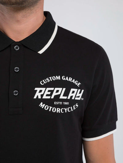 Replay Men's Black Custom Garage Golfer Polo Shirt for Motorcycle Enthusiasts