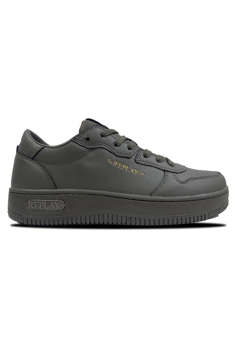 Replay Epic M Base Block Sneaker: Low-Cut, Lace-Up, Gold Branding, Olive Green