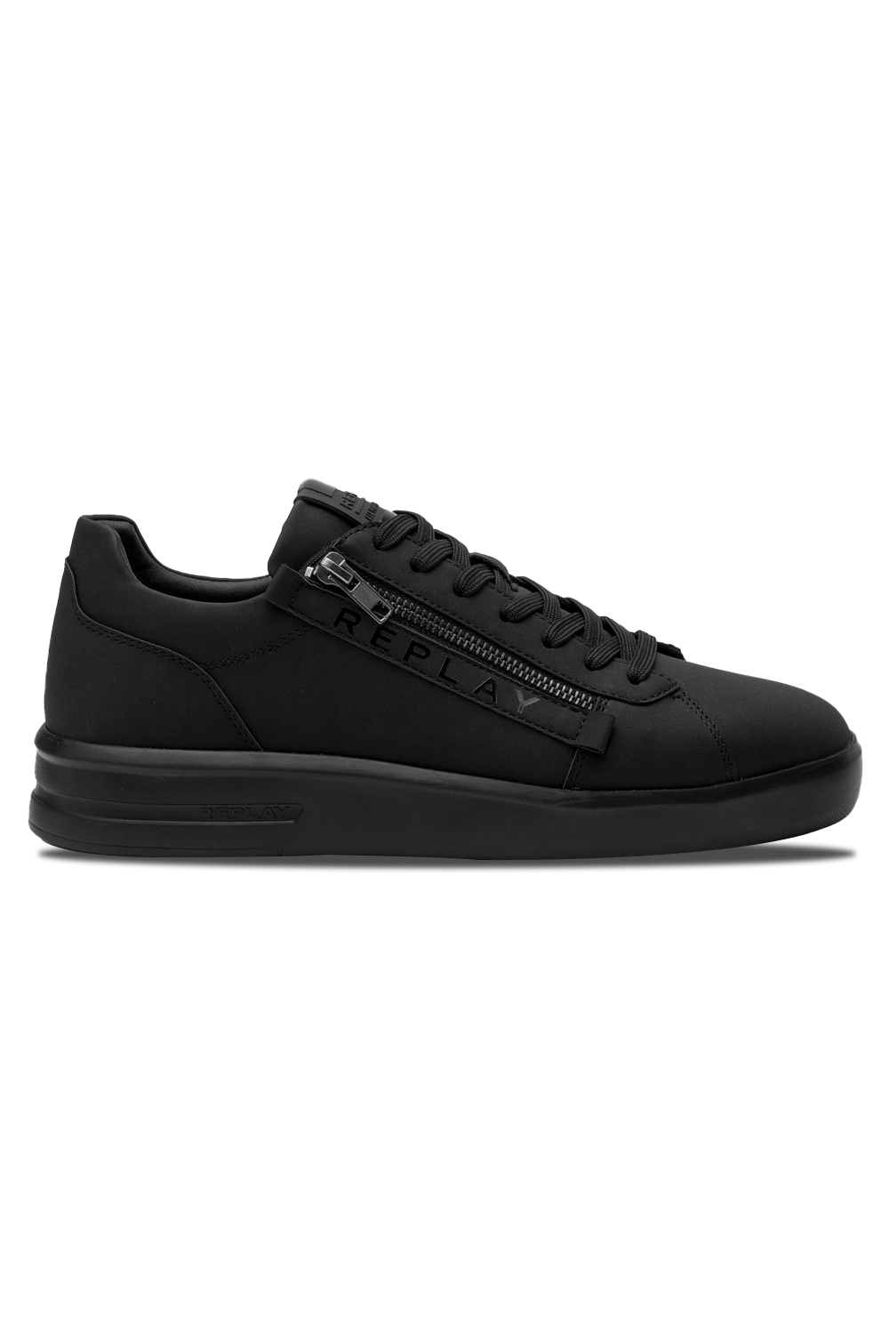 Replay University Zip Sneaker: Low-Cut Black Design with Side Zipper Closure