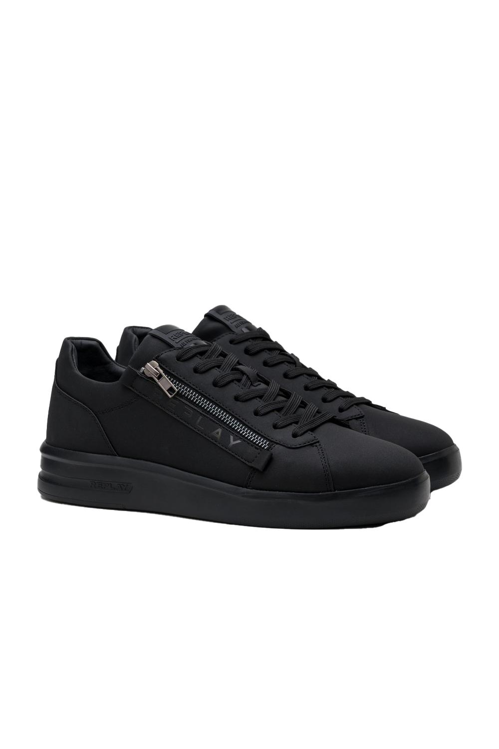 Replay University Zip Sneaker: Low-Cut Black Design with Side Zipper Closure