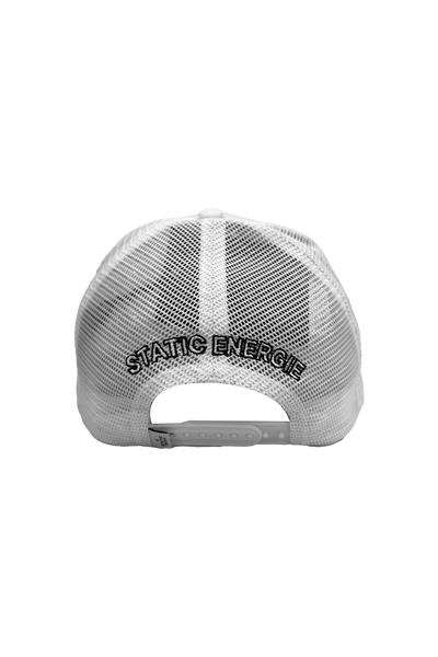 Static Energie Sierra Cap: White Polyester Cotton Blend, Embroidered Front, Mesh Back