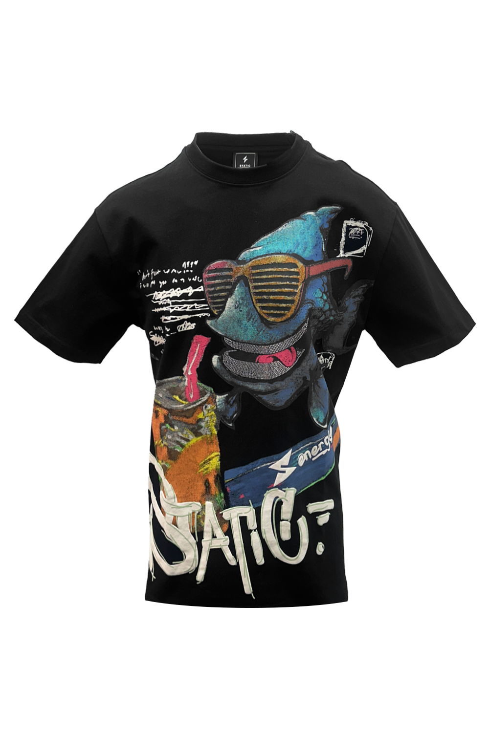 Static Energie Lienz Relaxed Fit T-Shirt: Comfortable Cotton, Fish Graphic, Black