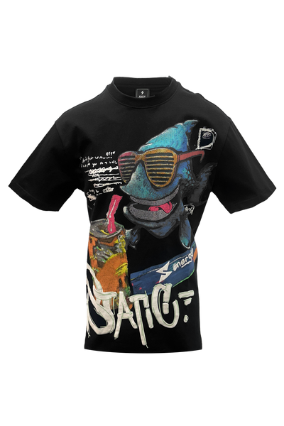 Static Energie Lienz Relaxed Fit T-Shirt: Comfortable Cotton, Fish Graphic, Black
