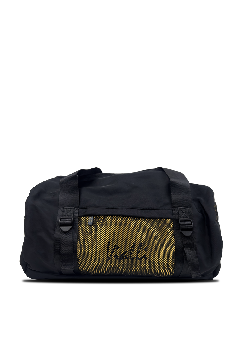 Vialli VB2401 Barrel Duffel Bag: Stylish Mesh Design, Gold Zips, Carry Belt