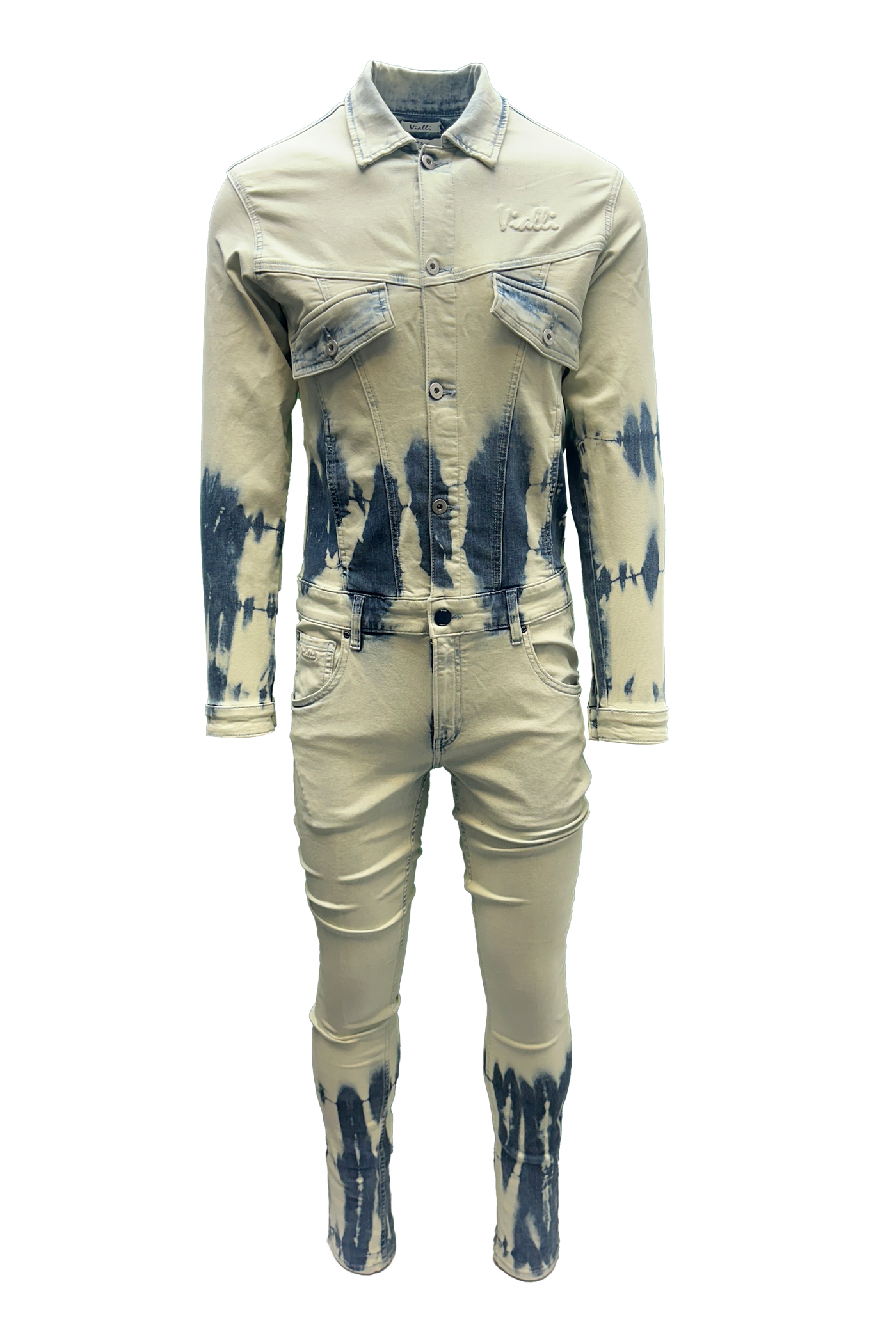 Vialli Cloud One Jumpsuit: Stylish Collared Button-Down with Acid Wash Print