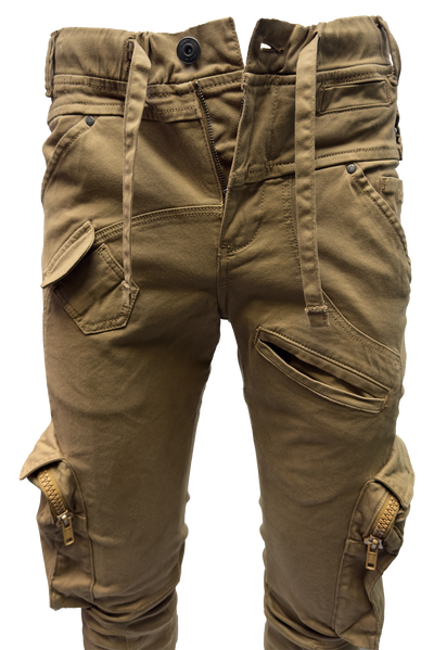 Vialli Joey Khaki Comfort Stretch Cargo Pants with Zip Pockets and Drawstrings