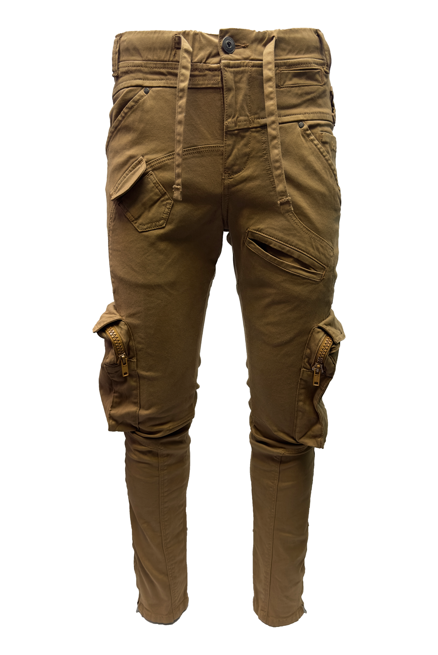 Vialli Joey Khaki Comfort Stretch Cargo Pants with Zip Pockets and Drawstrings