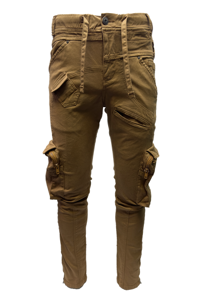 Vialli Joey Khaki Comfort Stretch Cargo Pants with Zip Pockets and Drawstrings