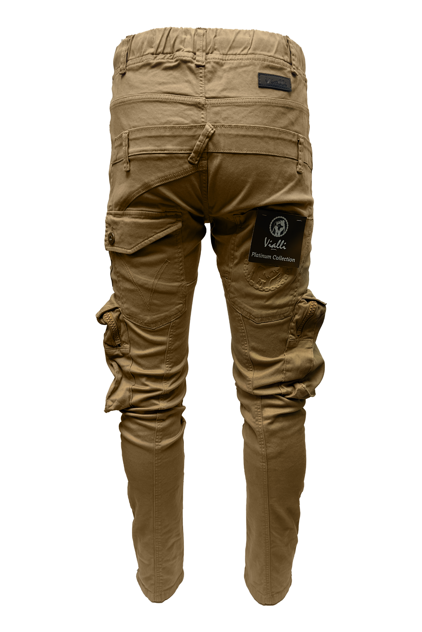 Vialli Joey Khaki Comfort Stretch Cargo Pants with Zip Pockets and Drawstrings